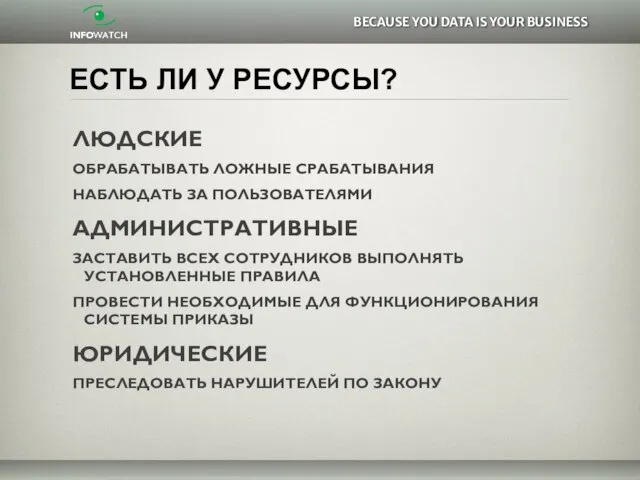 ЕСТЬ ЛИ У РЕСУРСЫ? ЛЮДСКИЕ ОБРАБАТЫВАТЬ ЛОЖНЫЕ СРАБАТЫВАНИЯ НАБЛЮДАТЬ ЗА ПОЛЬЗОВАТЕЛЯМИ АДМИНИСТРАТИВНЫЕ