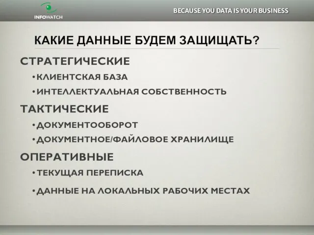 КАКИЕ ДАННЫЕ БУДЕМ ЗАЩИЩАТЬ? СТРАТЕГИЧЕСКИЕ КЛИЕНТСКАЯ БАЗА ИНТЕЛЛЕКТУАЛЬНАЯ СОБСТВЕННОСТЬ ТАКТИЧЕСКИЕ ДОКУМЕНТООБОРОТ ДОКУМЕНТНОЕ/ФАЙЛОВОЕ