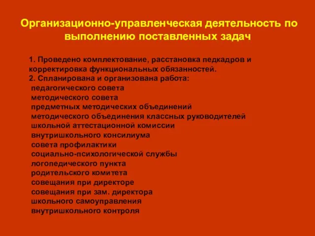 Организационно-управленческая деятельность по выполнению поставленных задач 1. Проведено комплектование, расстановка педкадров и