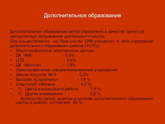 Дополнительное образование Дополнительное образование детей определено в качестве одного из приоритетных направлений