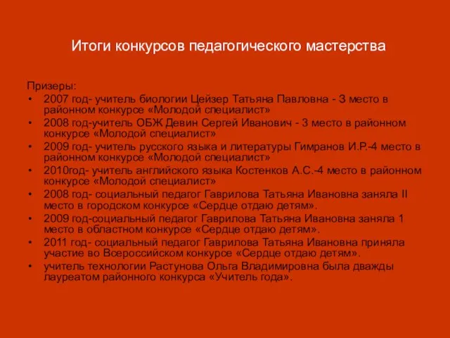 Итоги конкурсов педагогического мастерства Призеры: 2007 год- учитель биологии Цейзер Татьяна Павловна