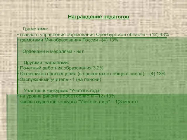 Награждение педагогов Грамотами: главного управления образования Оренбургской области – (12) 43% грамотами