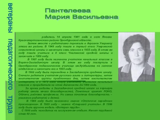 ветераны педагогического труда Пантелеева Мария Васильевна родилась 14 апреля 1941 года в