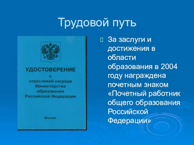 Трудовой путь За заслуги и достижения в области образования в 2004 году