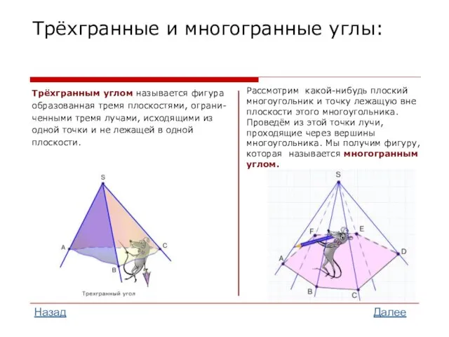 Трёхгранные и многогранные углы: Трёхгранным углом называется фигура образованная тремя плоскостями, ограни-