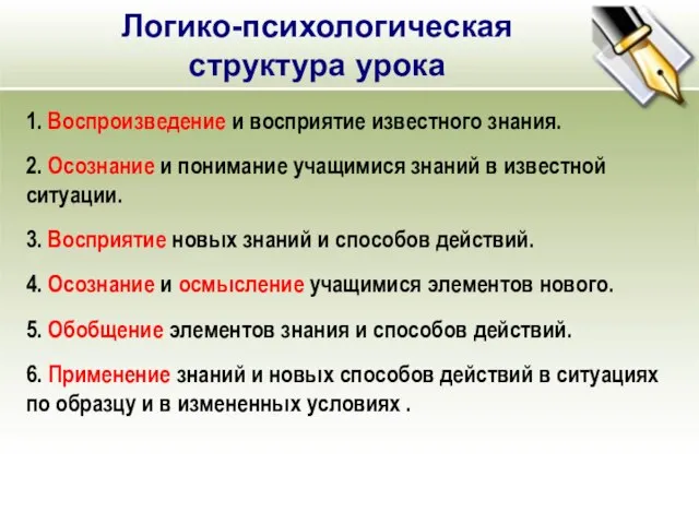 Логико-психологическая структура урока 1. Воспроизведение и восприятие известного знания. 2. Осознание и