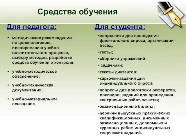 Средства обучения Для педагога: Для студента: вопросники для проведения фронтального опроса, организации