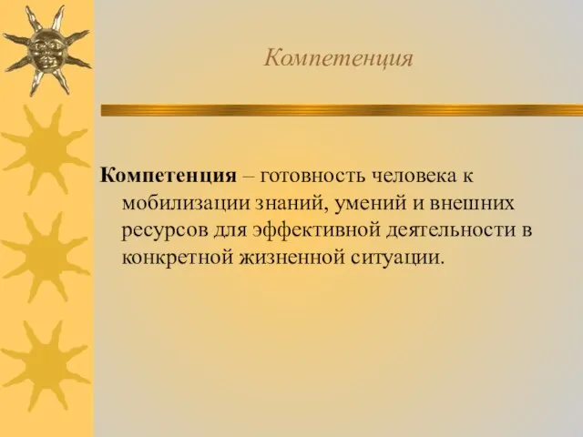 Компетенция Компетенция – готовность человека к мобилизации знаний, умений и внешних ресурсов