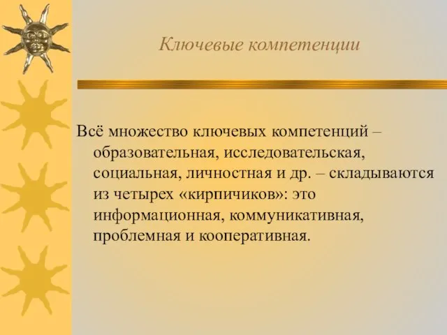 Ключевые компетенции Всё множество ключевых компетенций – образовательная, исследовательская, социальная, личностная и