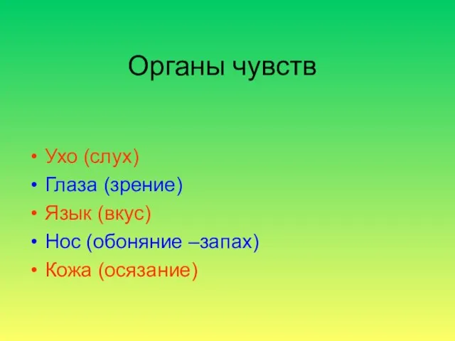 Органы чувств Ухо (слух) Глаза (зрение) Язык (вкус) Нос (обоняние –запах) Кожа (осязание)