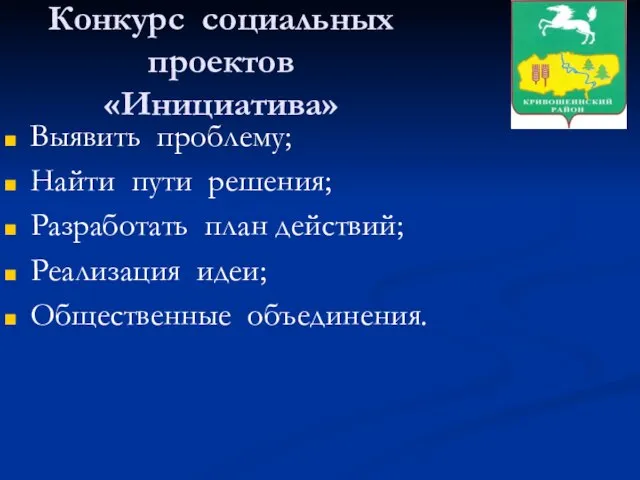 Конкурс социальных проектов «Инициатива» Выявить проблему; Найти пути решения; Разработать план действий; Реализация идеи; Общественные объединения.