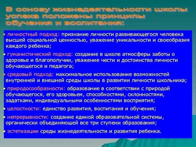 В основу жизнедеятельности школы успеха положены принципы обучения и воспитания: личностный подход: