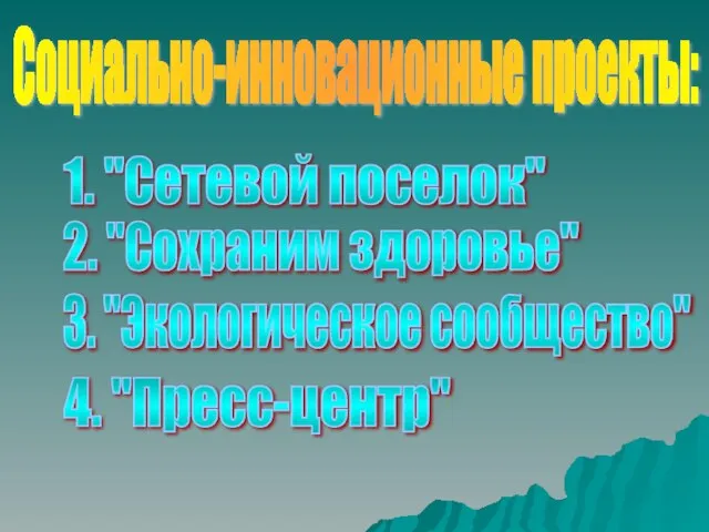 Социально-инновационные проекты: 1. "Сетевой поселок" 2. "Сохраним здоровье" 3. "Экологическое сообщество" 4. "Пресс-центр"