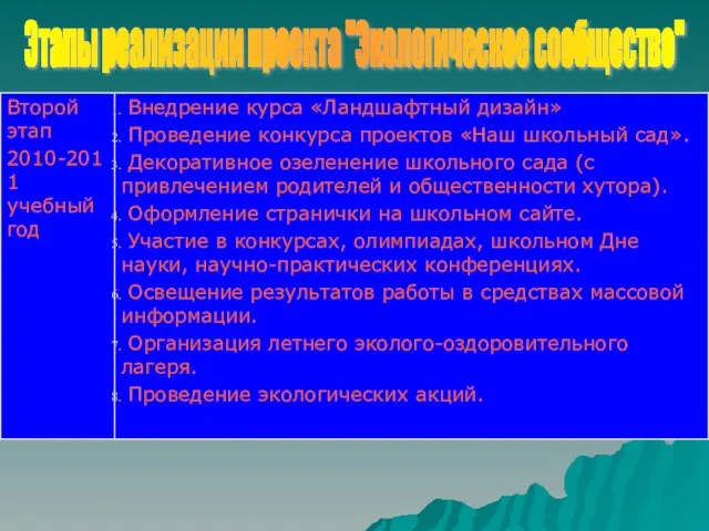 Этапы реализации проекта "Экологическое сообщество"