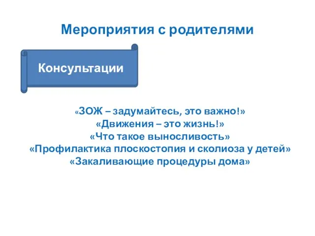 Мероприятия с родителями Консультации Консультации «ЗОЖ – задумайтесь, это важно!» «Движения –