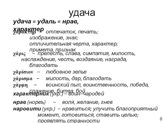 удача удача = удаль = нрав, характер χαρακτήρ – отпечаток, печать; изображение,