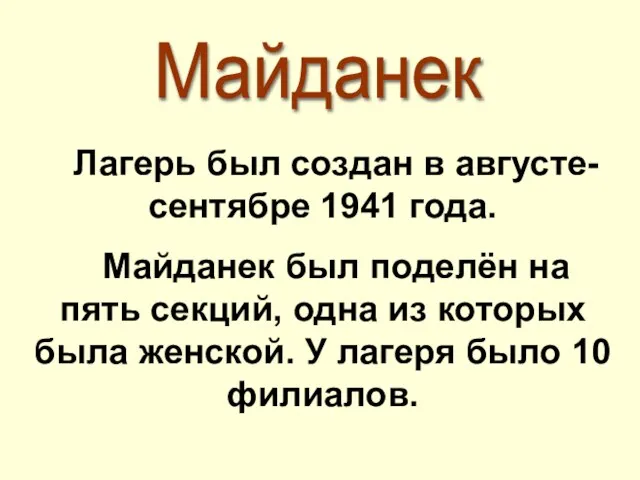 Лагерь был создан в августе-сентябре 1941 года. Майданек был поделён на пять