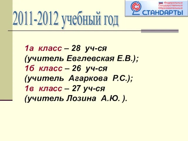 2011-2012 учебный год 1а класс – 28 уч-ся (учитель Евглевская Е.В.); 1б