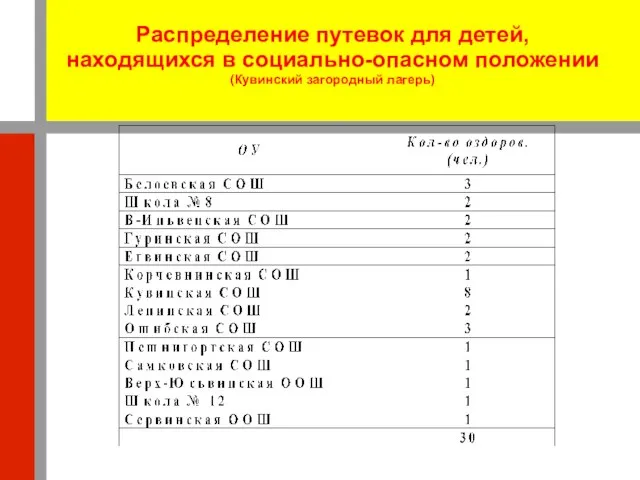 Распределение путевок для детей, находящихся в социально-опасном положении (Кувинский загородный лагерь)‏