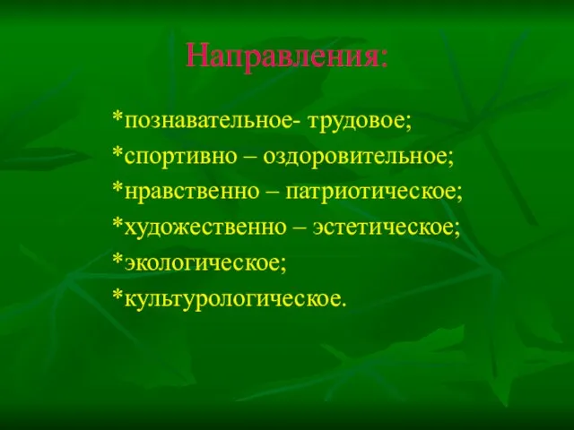 Направления: *познавательное- трудовое; *спортивно – оздоровительное; *нравственно – патриотическое; *художественно – эстетическое; *экологическое; *культурологическое.