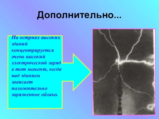 Дополнительно... На остриях высоких зданий концентрируется очень высокий электрический заряд в тот