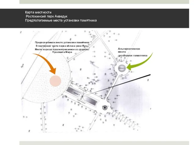 Карта местности Ростокинсий парк Акведук Предполагаемые места установки памятника