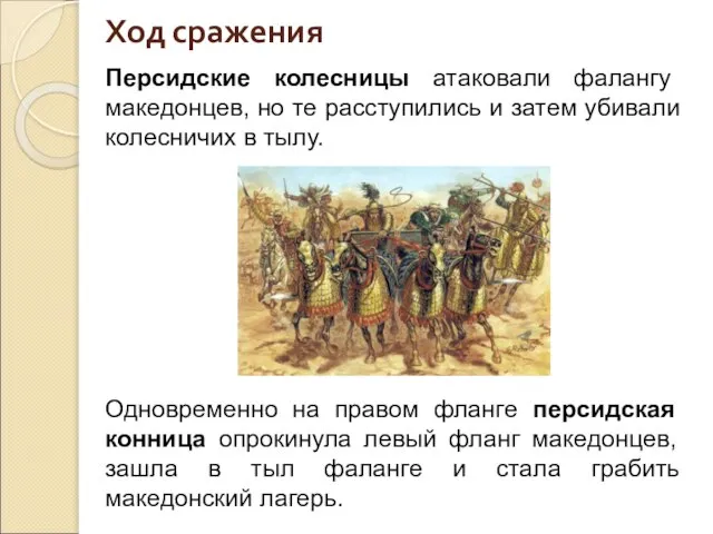 Ход сражения Персидские колесницы атаковали фалангу македонцев, но те расступились и затем