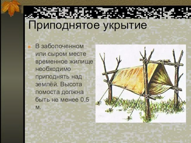 Приподнятое укрытие В заболоченном или сыром месте временное жилище необходимо приподнять над