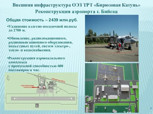 Реконструкция аэропорта г. Бийска Удлинение взлетно-посадочной полосы до 2700 м. Обновление, радиолокационного,