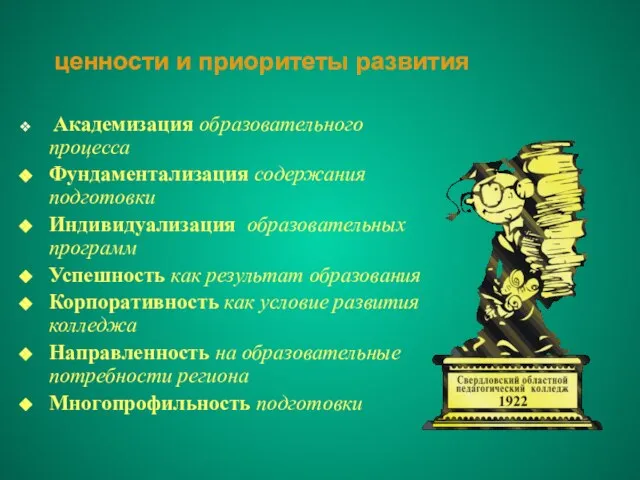 ценности и приоритеты развития Академизация образовательного процесса Фундаментализация содержания подготовки Индивидуализация образовательных