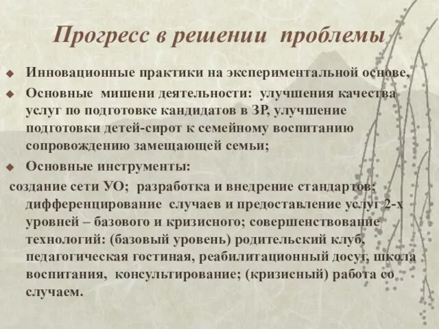 Прогресс в решении проблемы Инновационные практики на экспериментальной основе, Основные мишени деятельности: