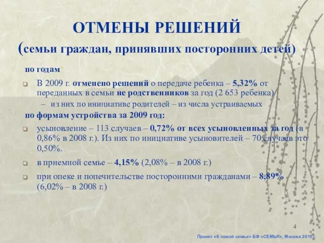 по годам* В 2009 г. отменено решений о передаче ребенка – 5,32%