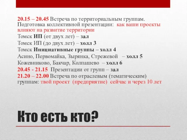 Кто есть кто? 20.15 – 20.45 Встреча по территориальным группам. Подготовка коллективной