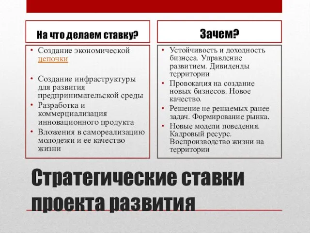 Стратегические ставки проекта развития На что делаем ставку? Создание экономической цепочки Создание