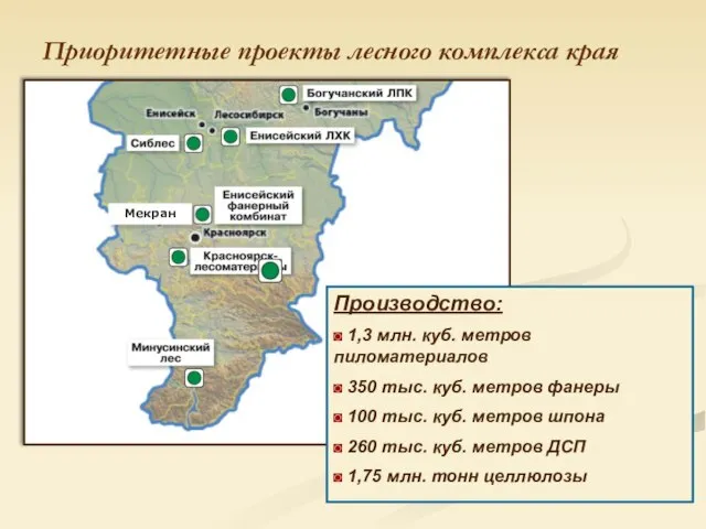 Приоритетные проекты лесного комплекса края Мекран Производство: ◙ 1,3 млн. куб. метров