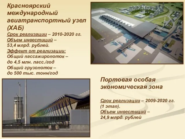Красноярский международный авиатранспортный узел (ХАБ) Срок реализации – 2010-2020 гг. Объем инвестиций
