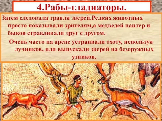 4.Рабы-гладиаторы. Затем следовала травля зверей.Редких животных просто показывали зрителям,а медведей пантер и