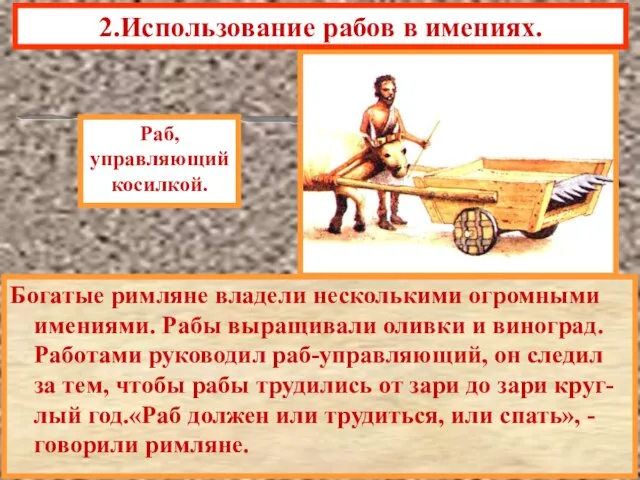 2.Использование рабов в имениях. Богатые римляне владели несколькими огромными имениями. Рабы выращивали