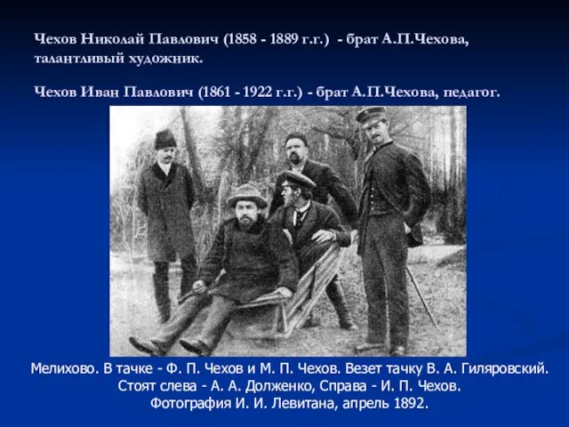 Чехов Николай Павлович (1858 - 1889 г.г.) - брат А.П.Чехова, талантливый художник.