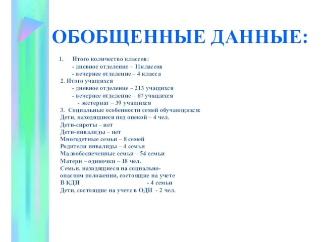 ОБОБЩЕННЫЕ ДАННЫЕ: Итого количество классов: - дневное отделение – 11классов - вечернее