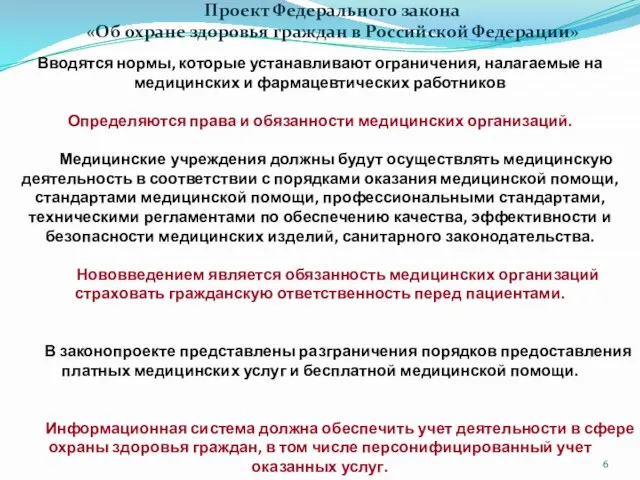 Проект Федерального закона «Об охране здоровья граждан в Российской Федерации» Вводятся нормы,