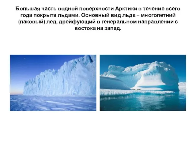 Большая часть водной поверхности Арктики в течение всего года покрыта льдами. Основный