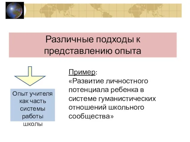 Различные подходы к представлению опыта Пример: «Развитие личностного потенциала ребенка в системе гуманистических отношений школьного сообщества»