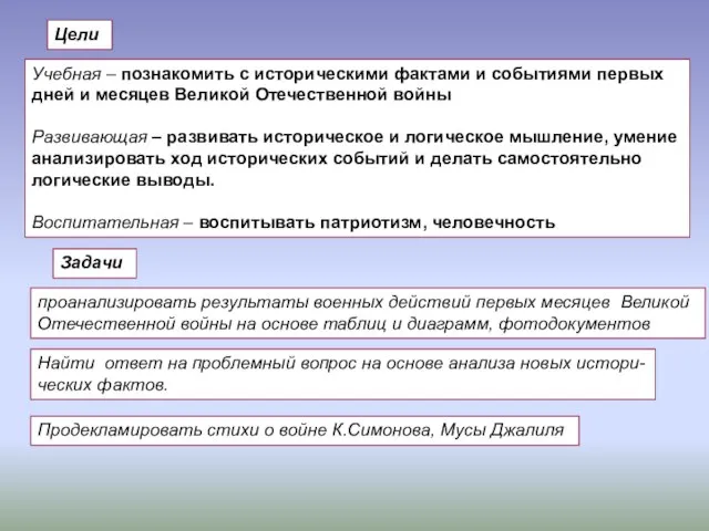 Цели Учебная – познакомить с историческими фактами и событиями первых дней и