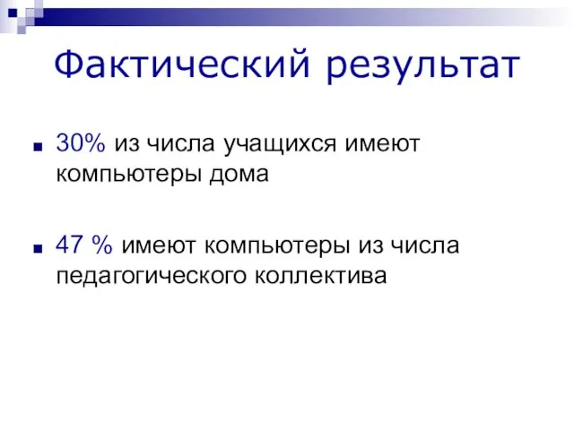 Фактический результат 30% из числа учащихся имеют компьютеры дома 47 % имеют