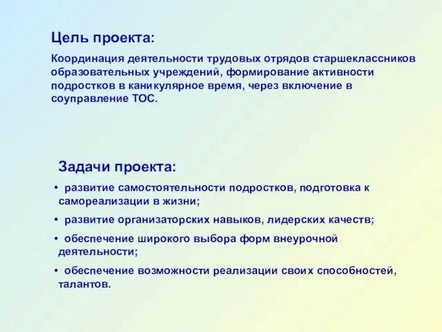 Цель проекта: Координация деятельности трудовых отрядов старшеклассников образовательных учреждений, формирование активности подростков