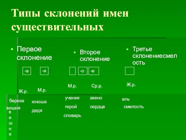 Типы склонений имен существительных Второе склонение Третье склонениесмелость Первое склонение -а Ж.р.