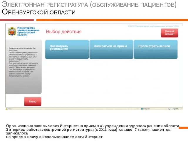 Электронная регистратура (обслуживание пациентов) Оренбургской области Организована запись через Интернет на прием