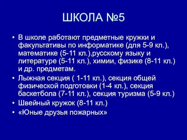 ШКОЛА №5 В школе работают предметные кружки и факультативы по информатике (для