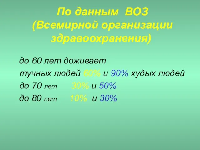 По данным ВОЗ (Всемирной организации здравоохранения) до 60 лет доживает тучных людей